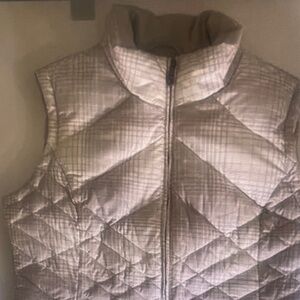 Eddie Bauer Down Puffer Vest Women Large Tall Tan Plaid Quilted Zipper Pockets